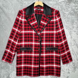 Karl Lagerfeld Paris Plaid Jacket Women 10 Black Red White Button Faux Leather